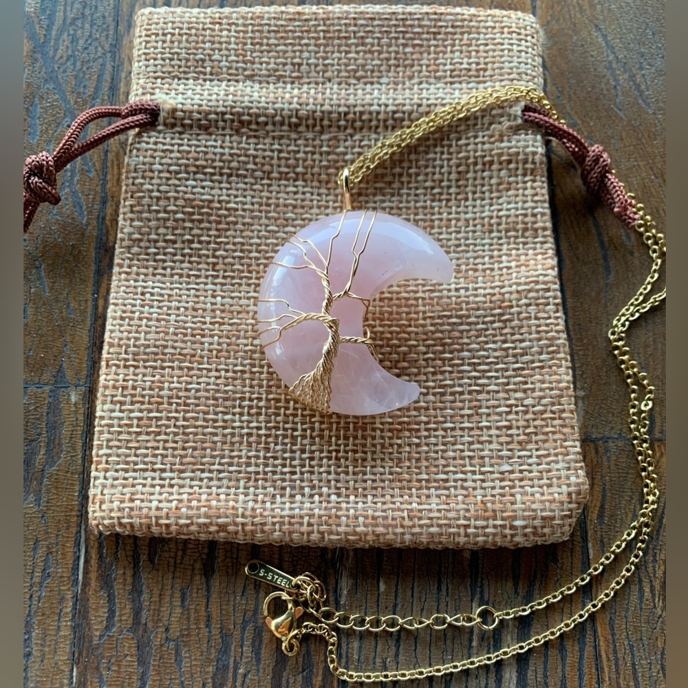 Rose Quartz Necklace Rose Quartz Pendant wit Gold Plated Stainless Steel Chain